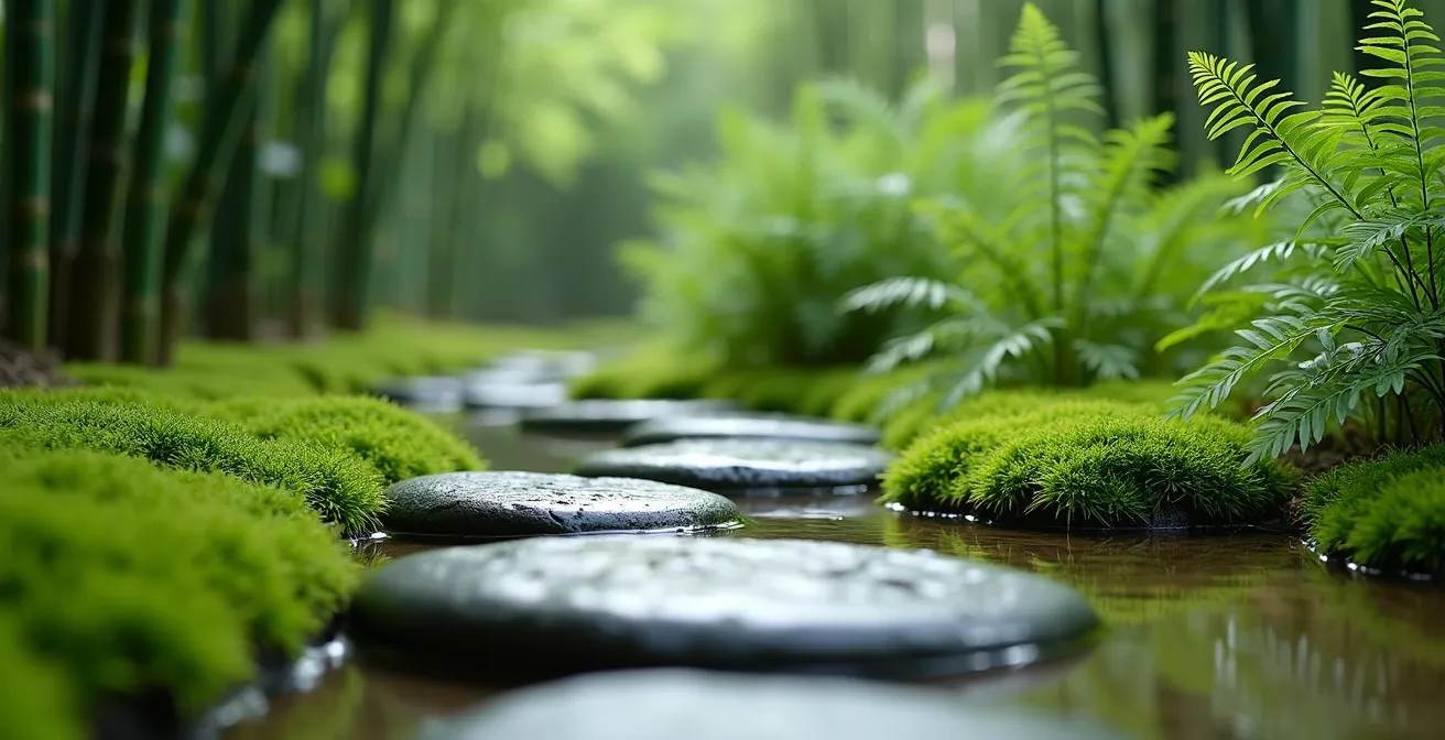 Close-up of varied garden textures including moss, smooth stones, and fractal fern patterns