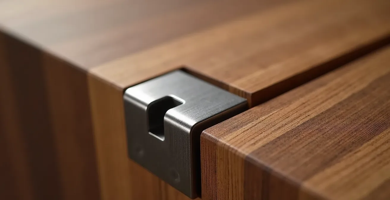 Extreme close-up of quality furniture materials showing natural wood grain and metal joints