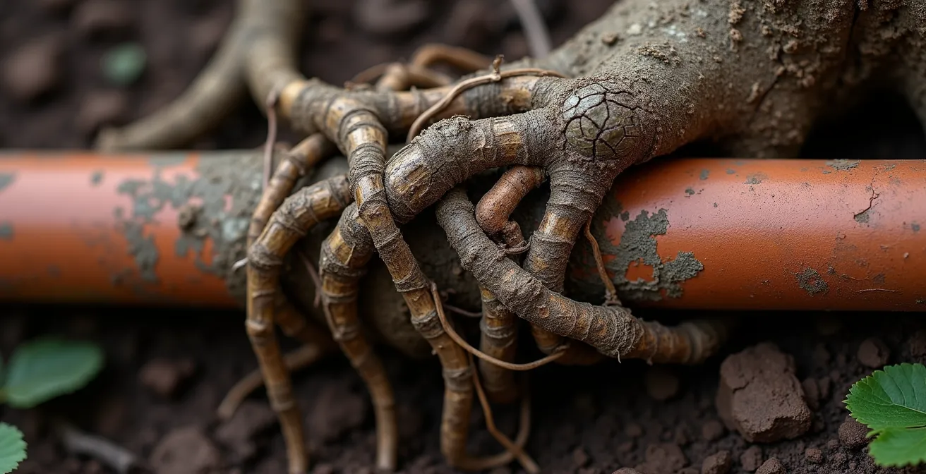 Cross-section view showing tree root systems near underground pipes and foundation