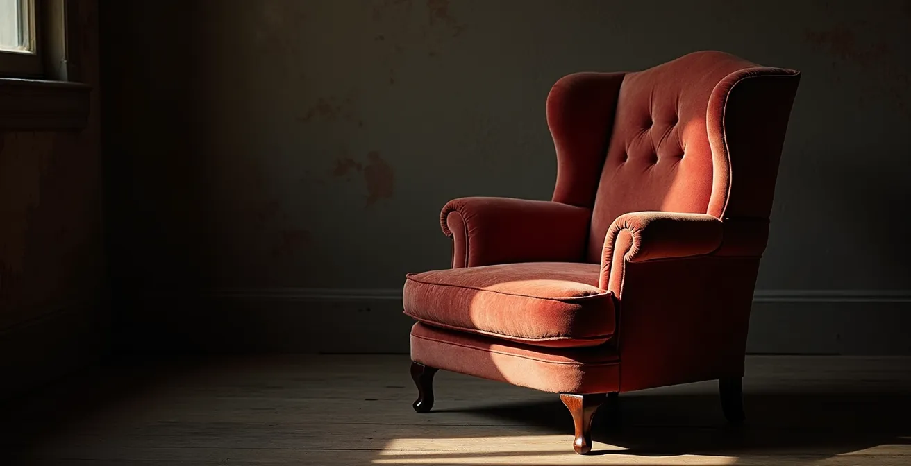 Artistic view of vintage velvet chair showing natural wear patterns and patina
