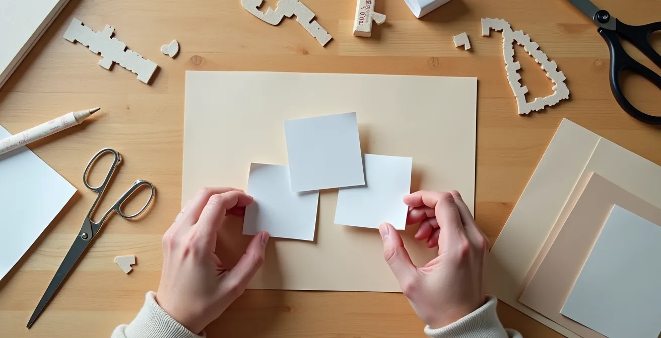 Overhead view of hands arranging three photos in a triangular composition on a scrapbook page
