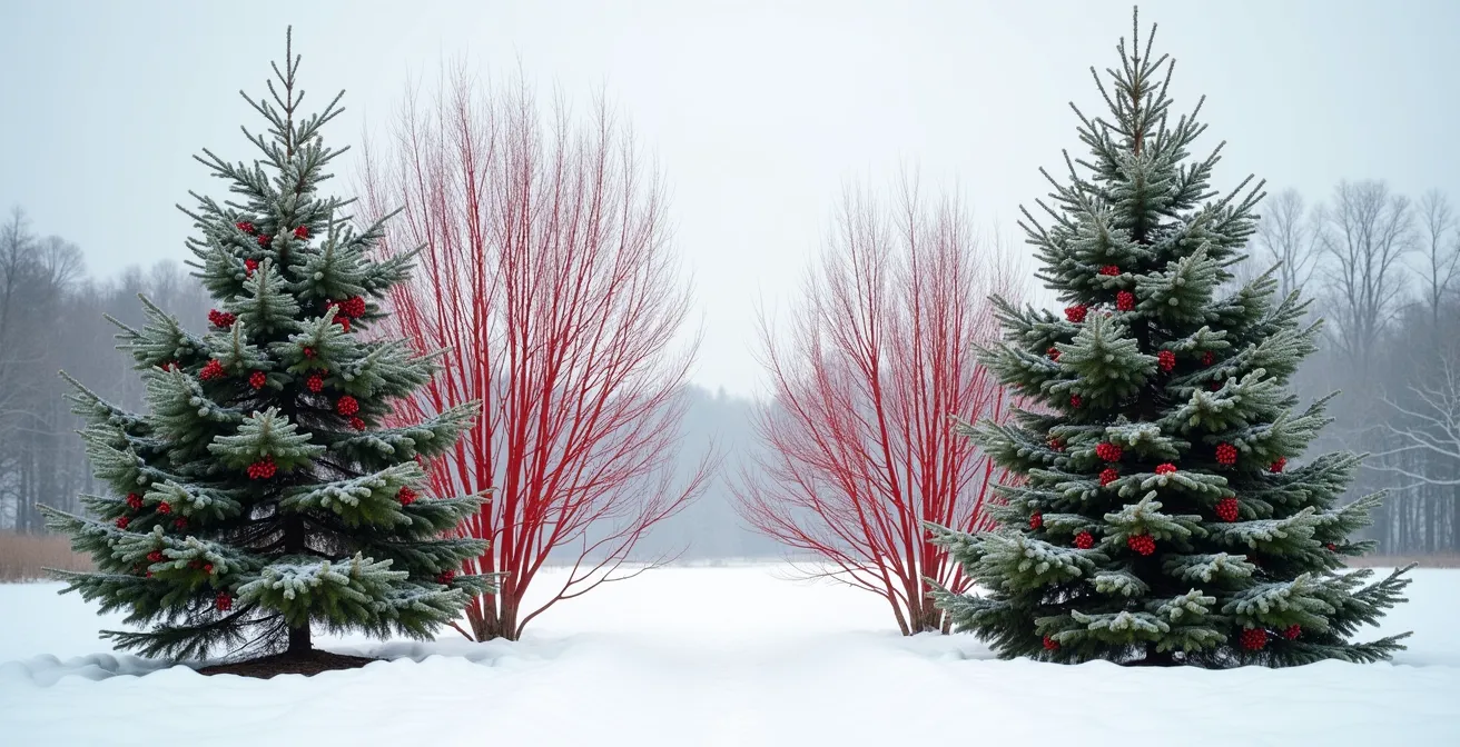 Winter garden scene with vibrant red dogwood stems against snow beside evergreen holly with red berries