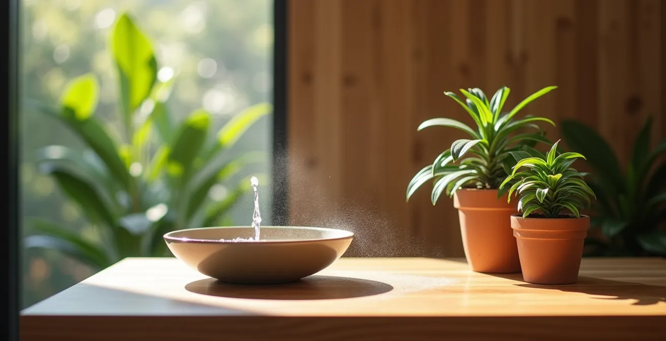 Home office corner with raw wood furniture, small water fountain and plants