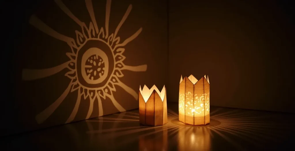 Comparison of light patterns created by kirigami cut-outs versus origami folded luminaries Comparison of light patterns created by kirigami cut-outs versus origami folded luminaries