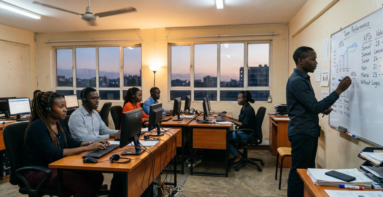 A small African BPO team works late while a supervisor leads an evening review session.