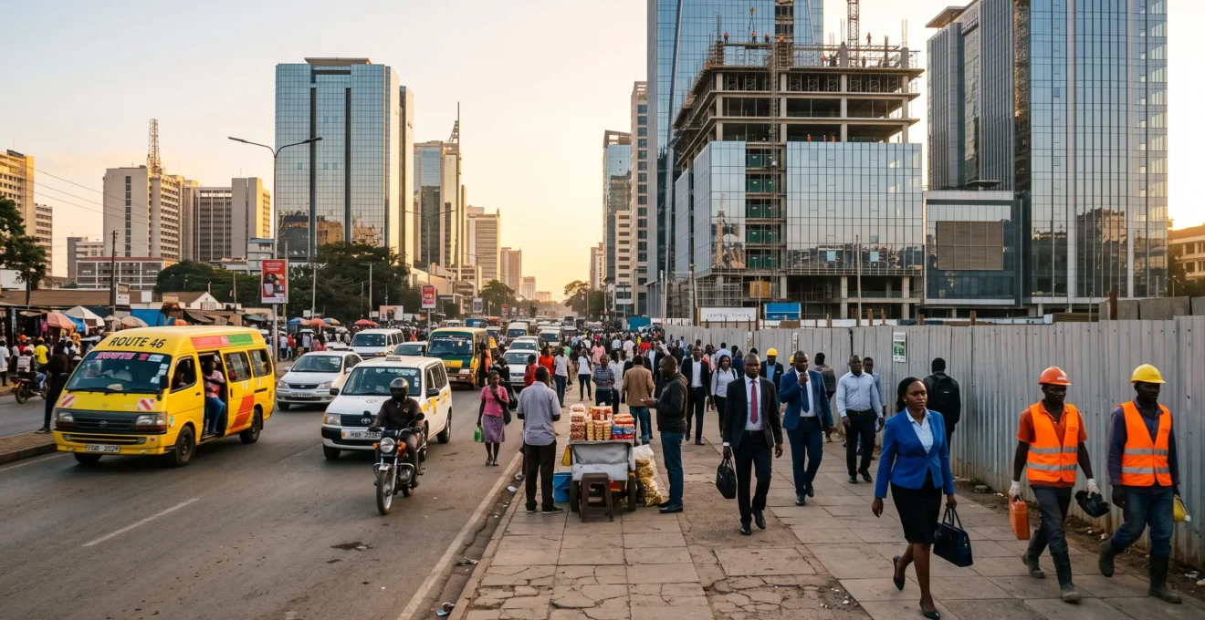 A growing African business district with office towers, construction and street activity at sunset.