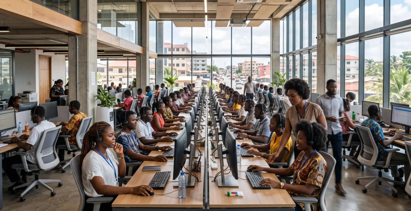 Young African call center agents working with headsets in a busy open-plan office.