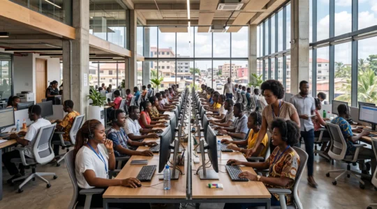 Young African call center agents working with headsets in a busy open-plan office.