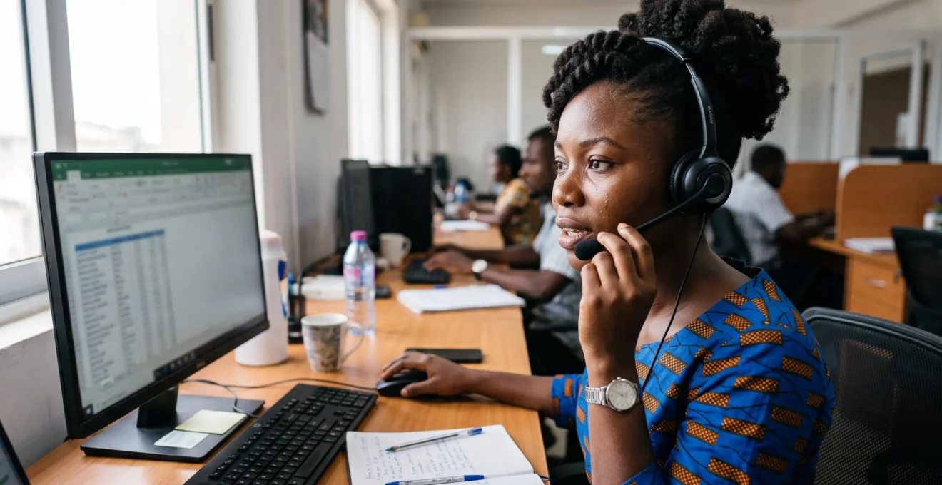 A young African woman wearing a headset assists a client from her office desk.
